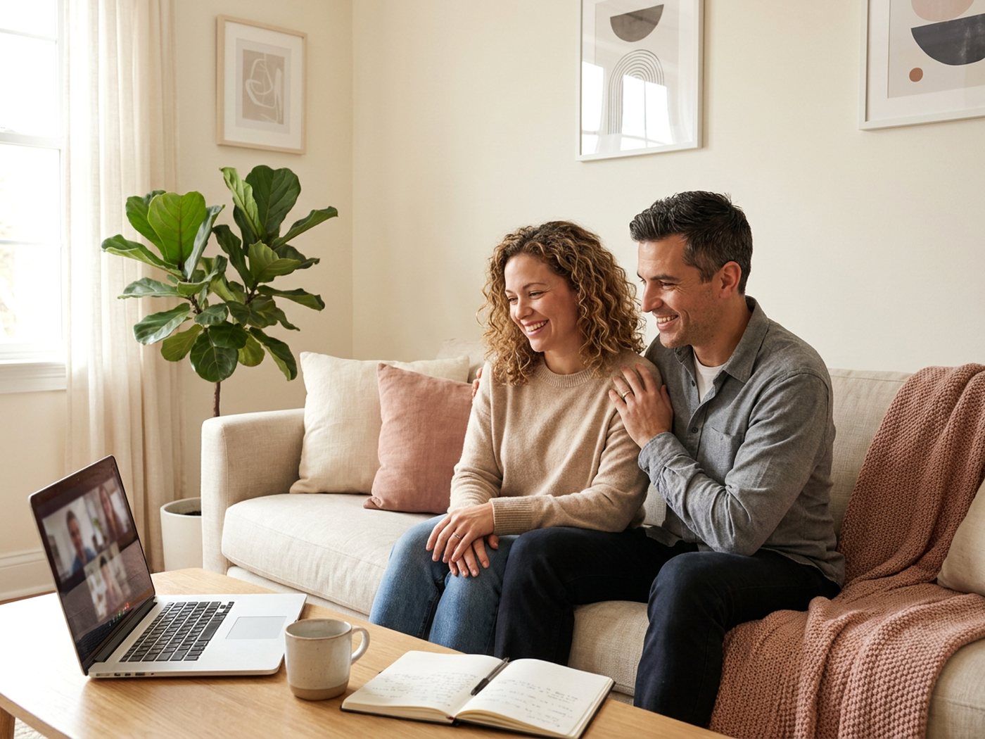 Intended parents at home on a video call with their coordinator