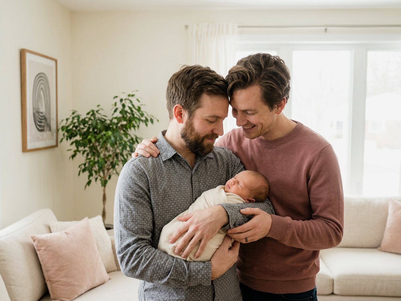 Two dads with their newborn, one holding the baby, the other leaning in close