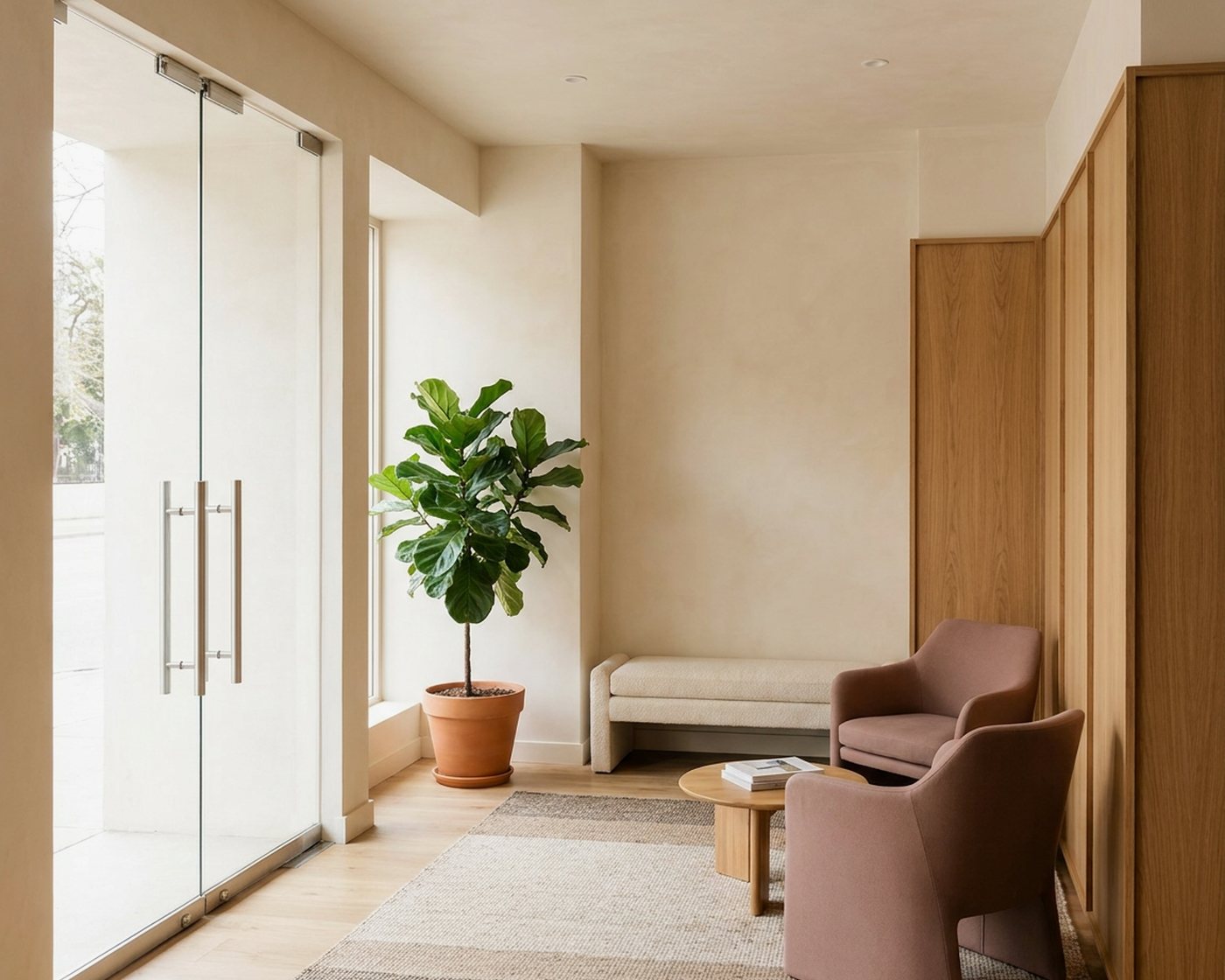 The welcoming Rancho Cucamonga office entrance with greenery by the door