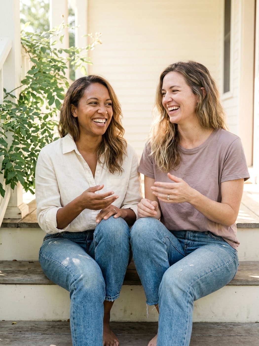 A surrogate and the mother she carried for laughing together on a porch step