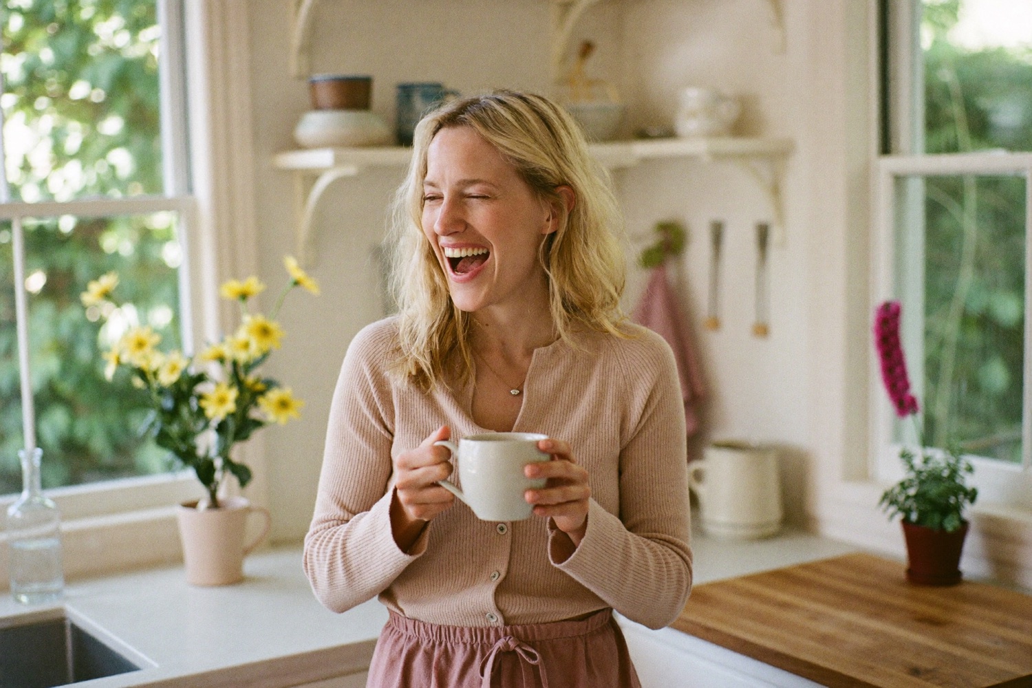A returning surrogate laughing in her kitchen, holding a mug