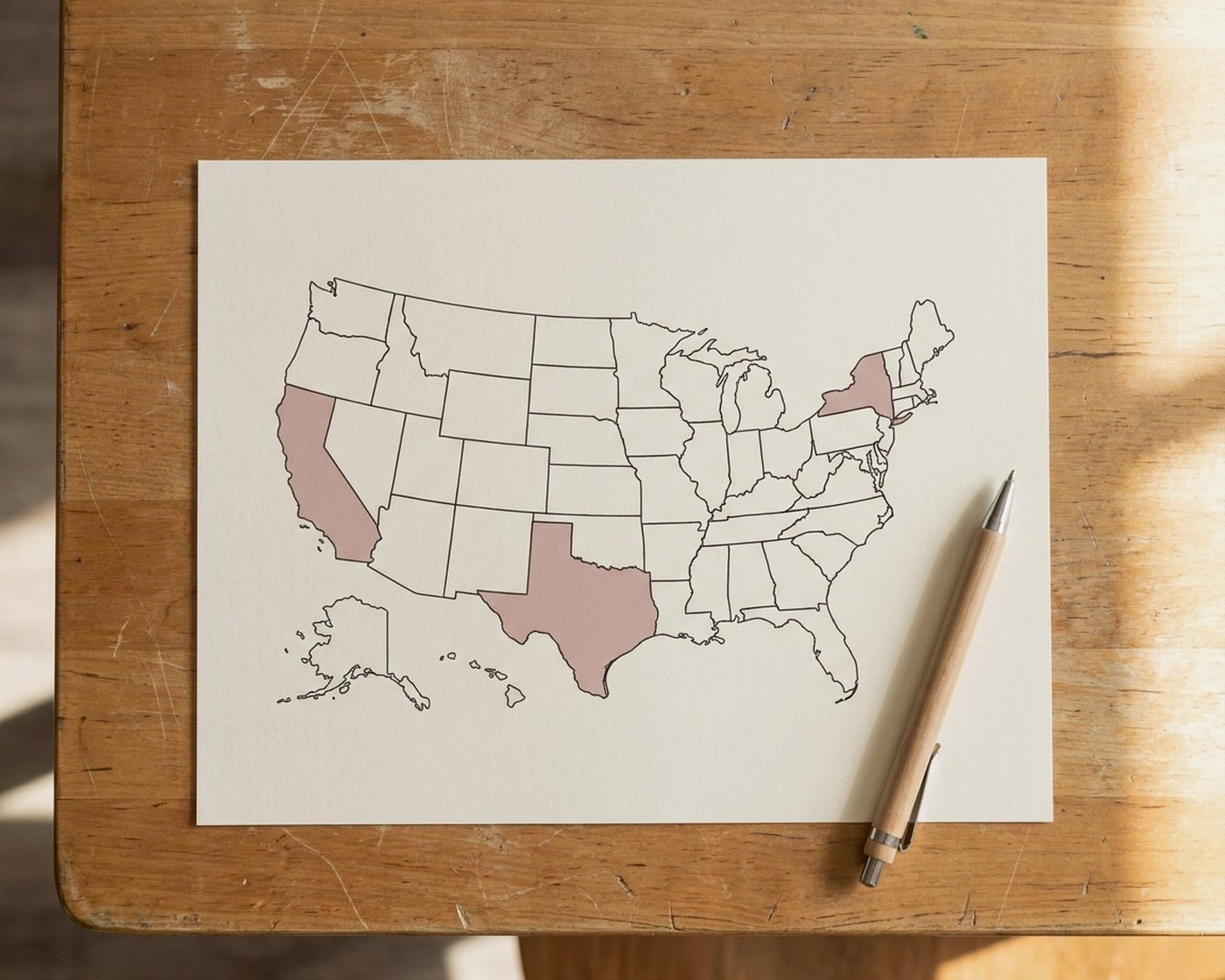 A US map with a few states marked, on a desk with a pen