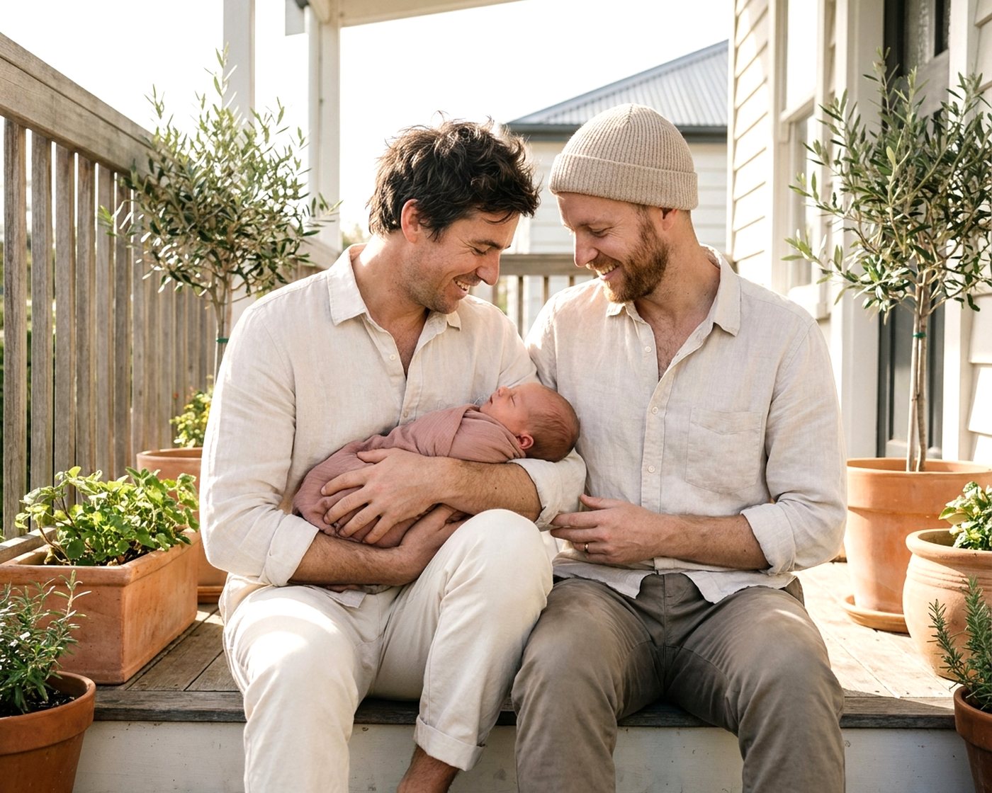 Two dads on a porch step, one holding their newborn