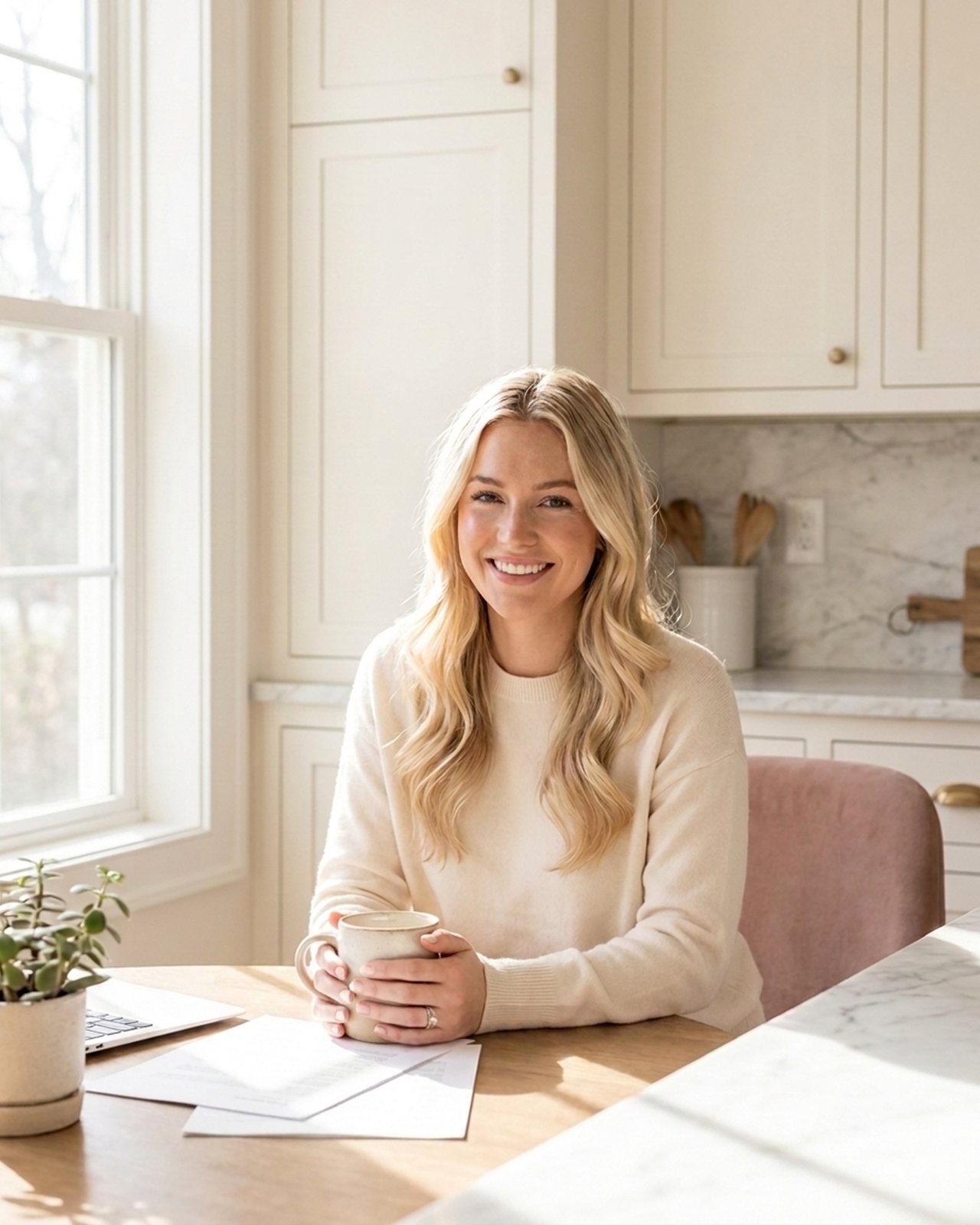 A relaxed young egg donor laughing warmly at a sunlit kitchen table