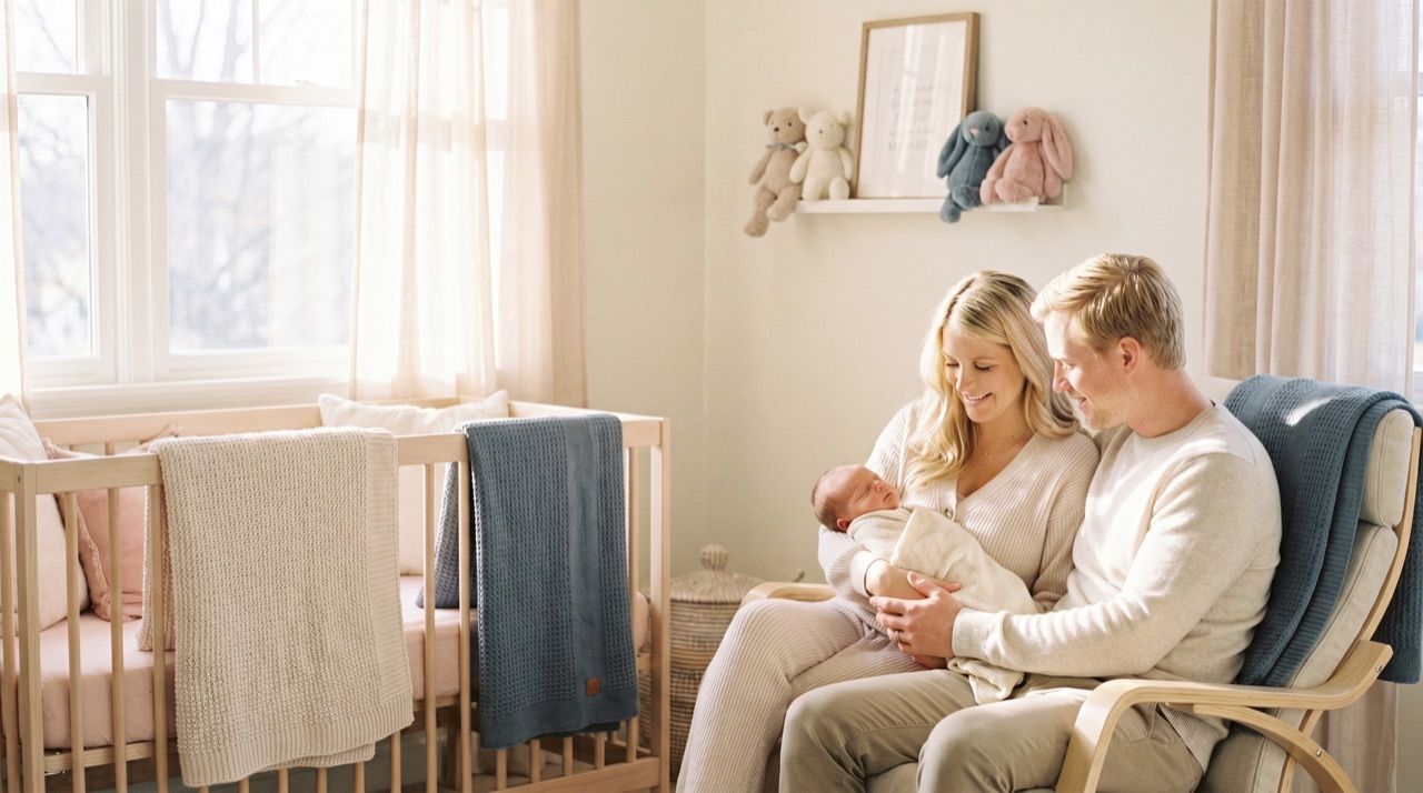 New parents holding their newborn baby in a sunlit nursery, representing a family built with Lily Baby Surrogacy