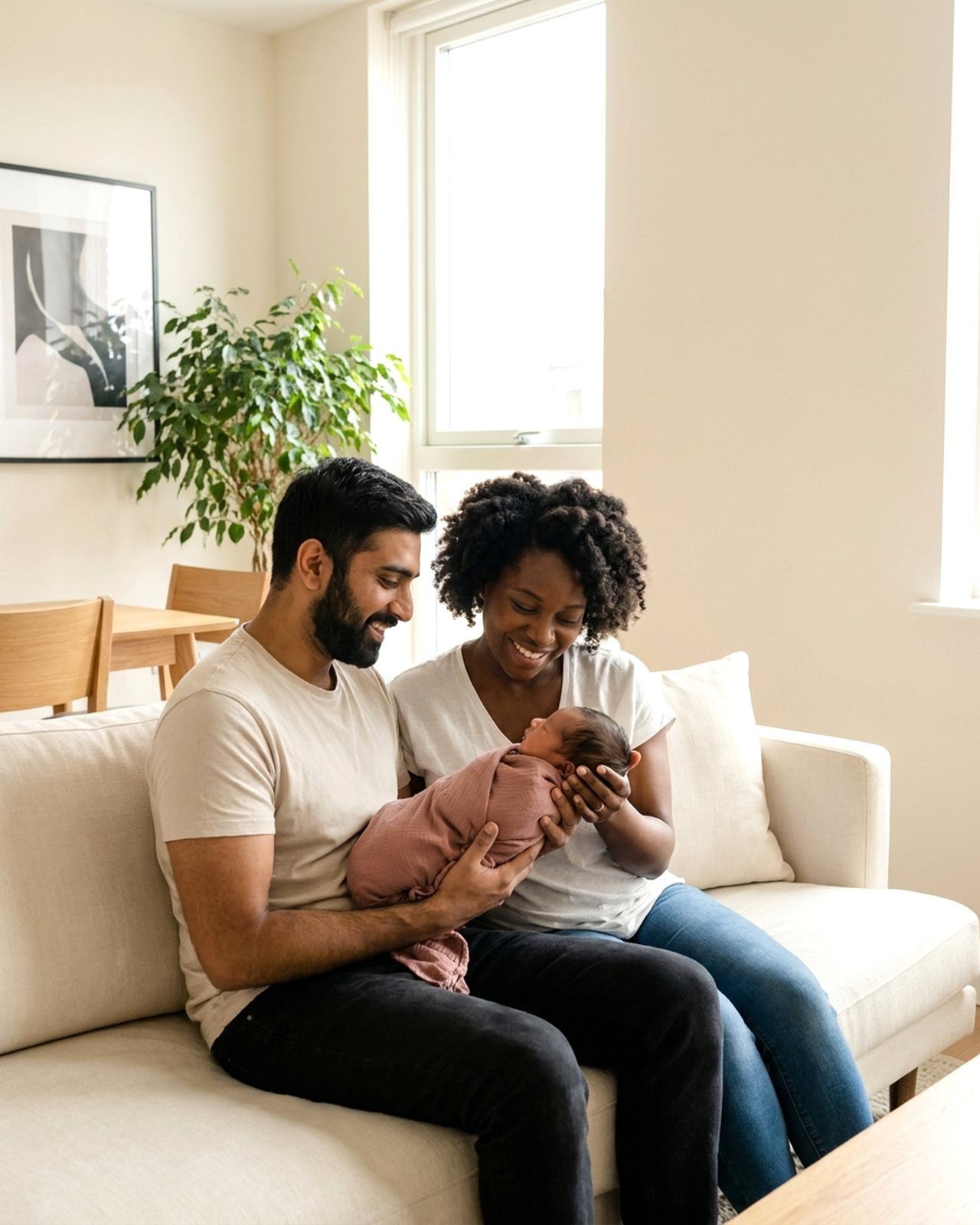 Happy new parents holding their newborn, a warm family portrait