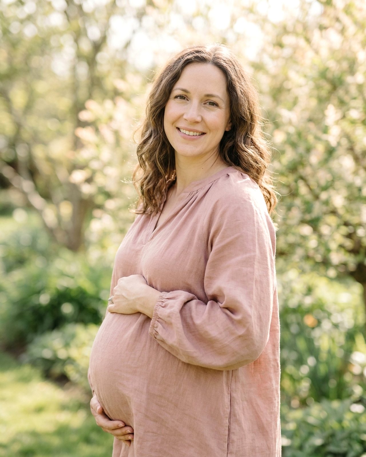 A pregnant surrogate smiling outdoors in natural light