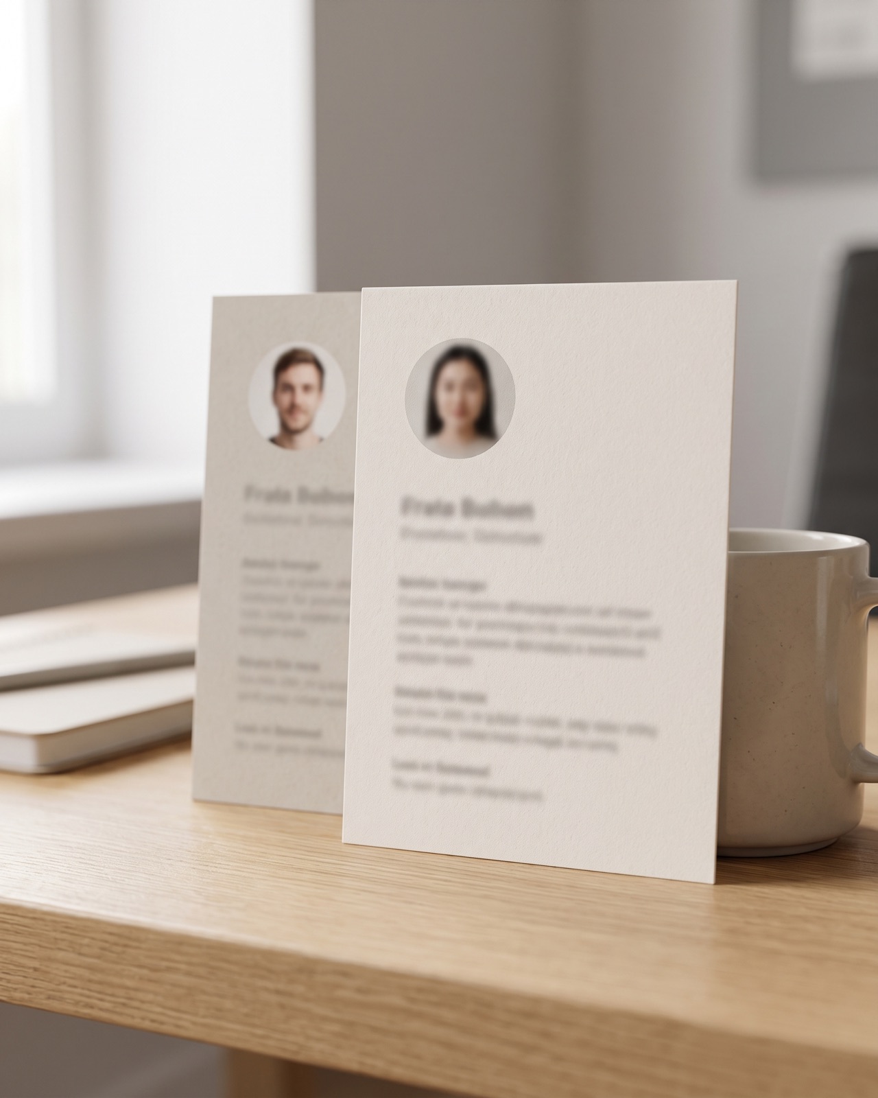 Two profile cards side by side on a coordinator's desk before introductions