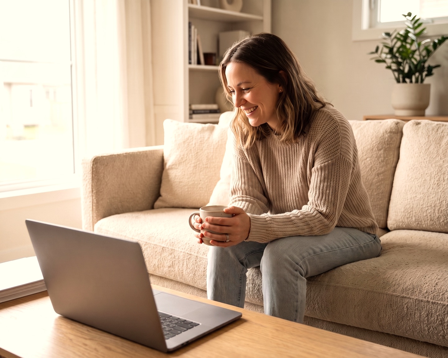 A surrogate on her couch talking with a coordinator over video on a laptop