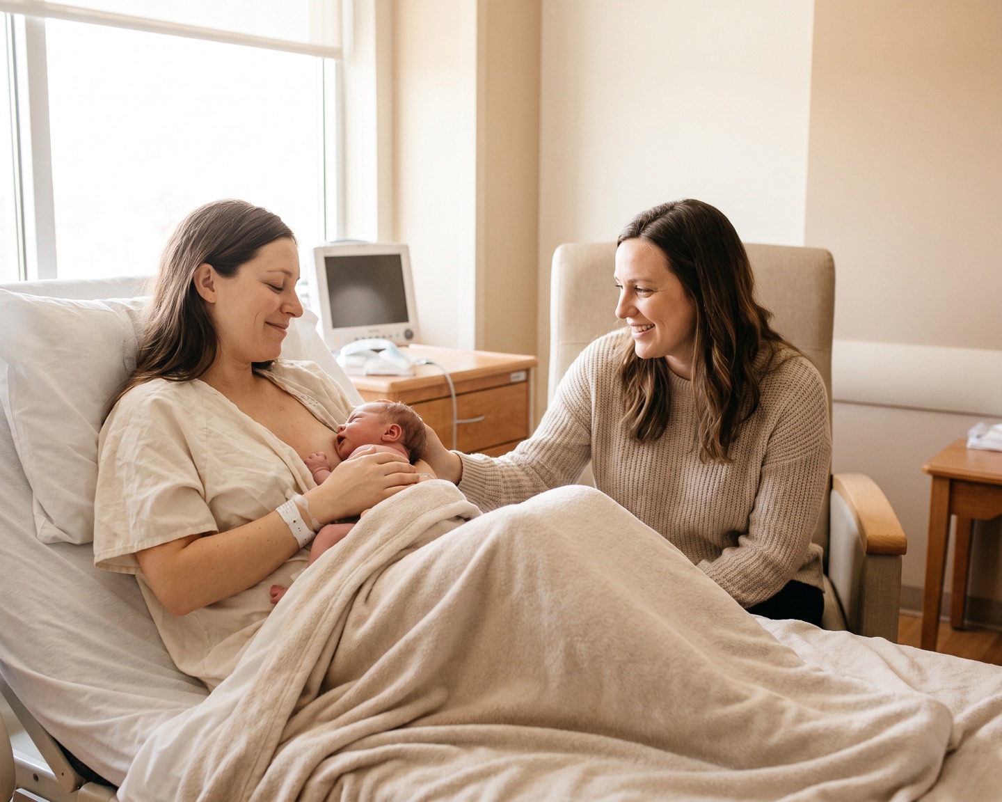 A new mother and the surrogate smiling together over the baby