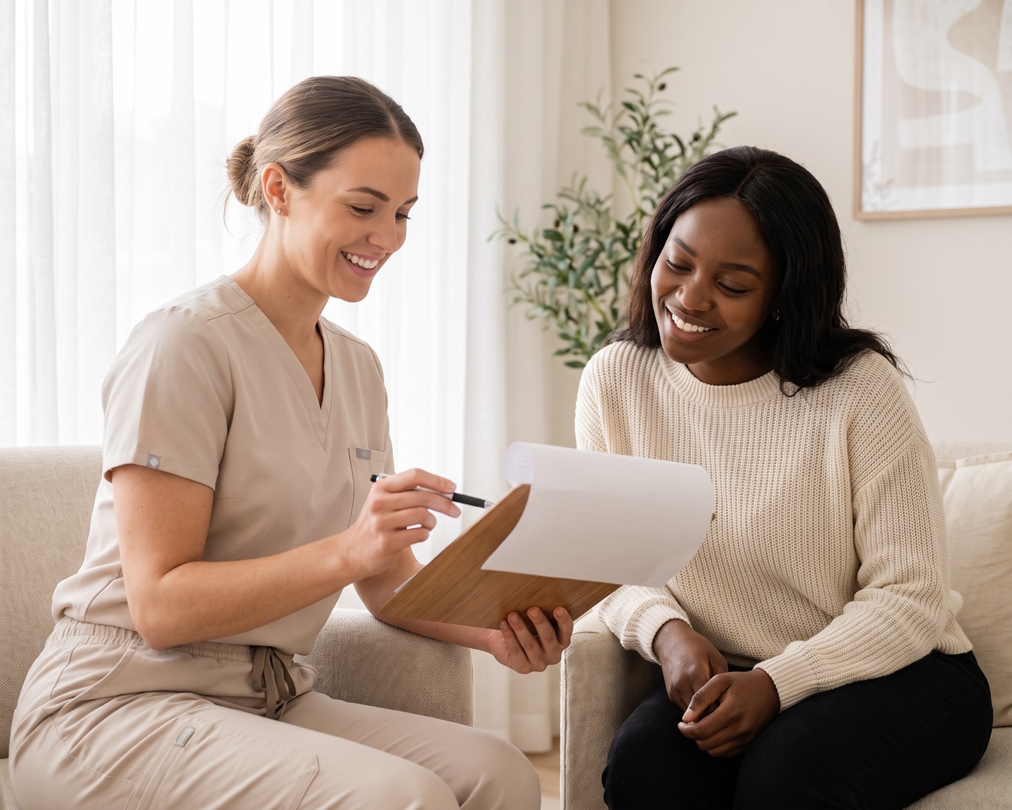 A nurse reviewing records with a prospective surrogate of color in a bright clinic room