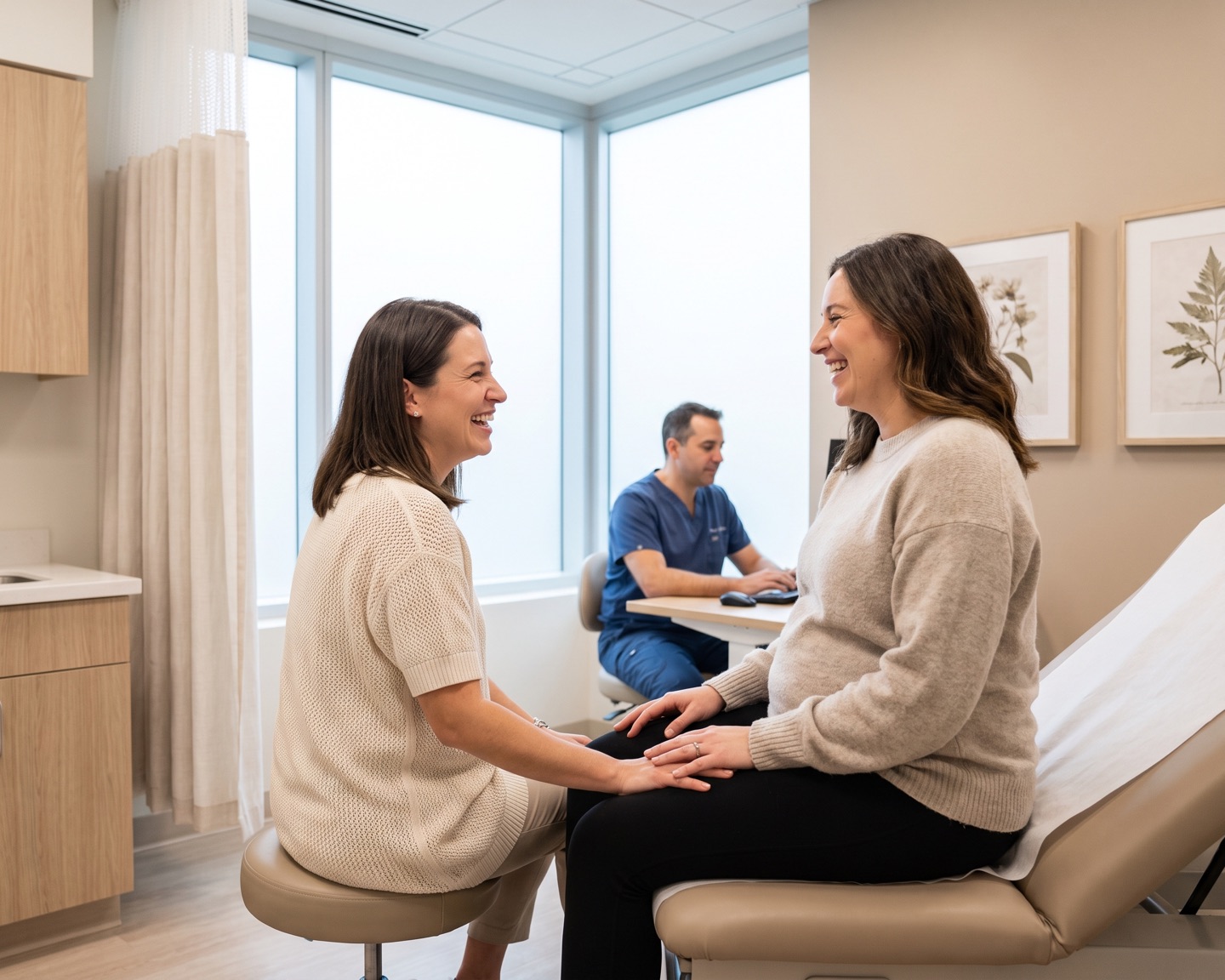 A pregnant surrogate laughing with the intended mother at a routine OB checkup