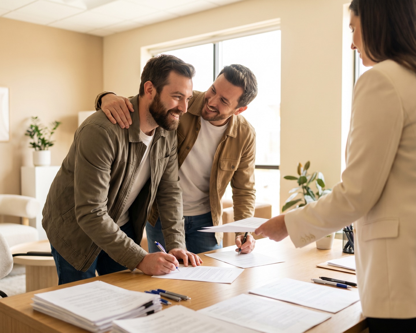 Two dads signing documents across a table from an attorney