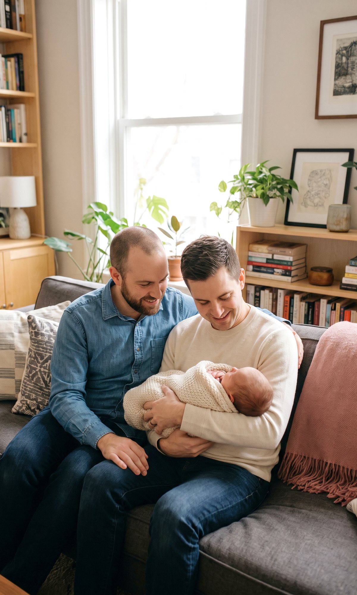 Two dads on a sofa with their newborn asleep in a cream blanket, soft afternoon light