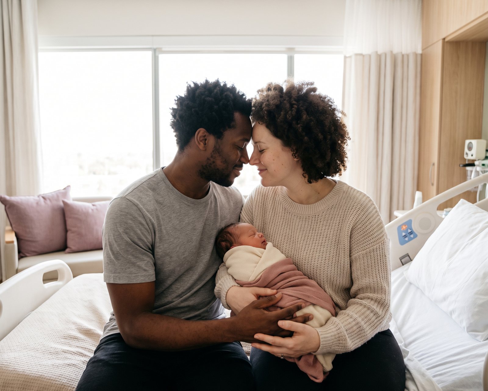 An interracial couple touching foreheads over their swaddled baby in a hospital room