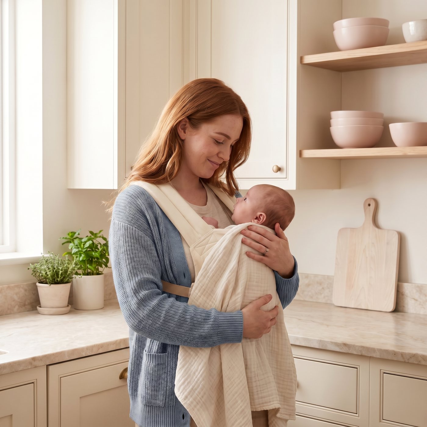 A mother with auburn hair holding her baby in a warm, sunlit kitchen