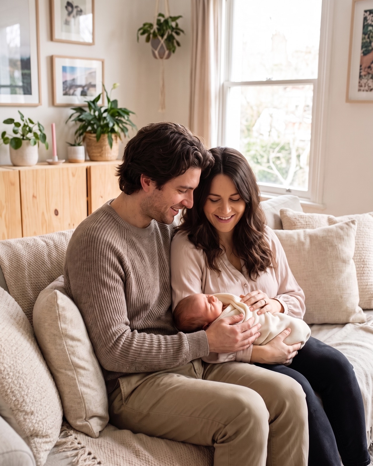 A couple in their forties holding their newborn at home
