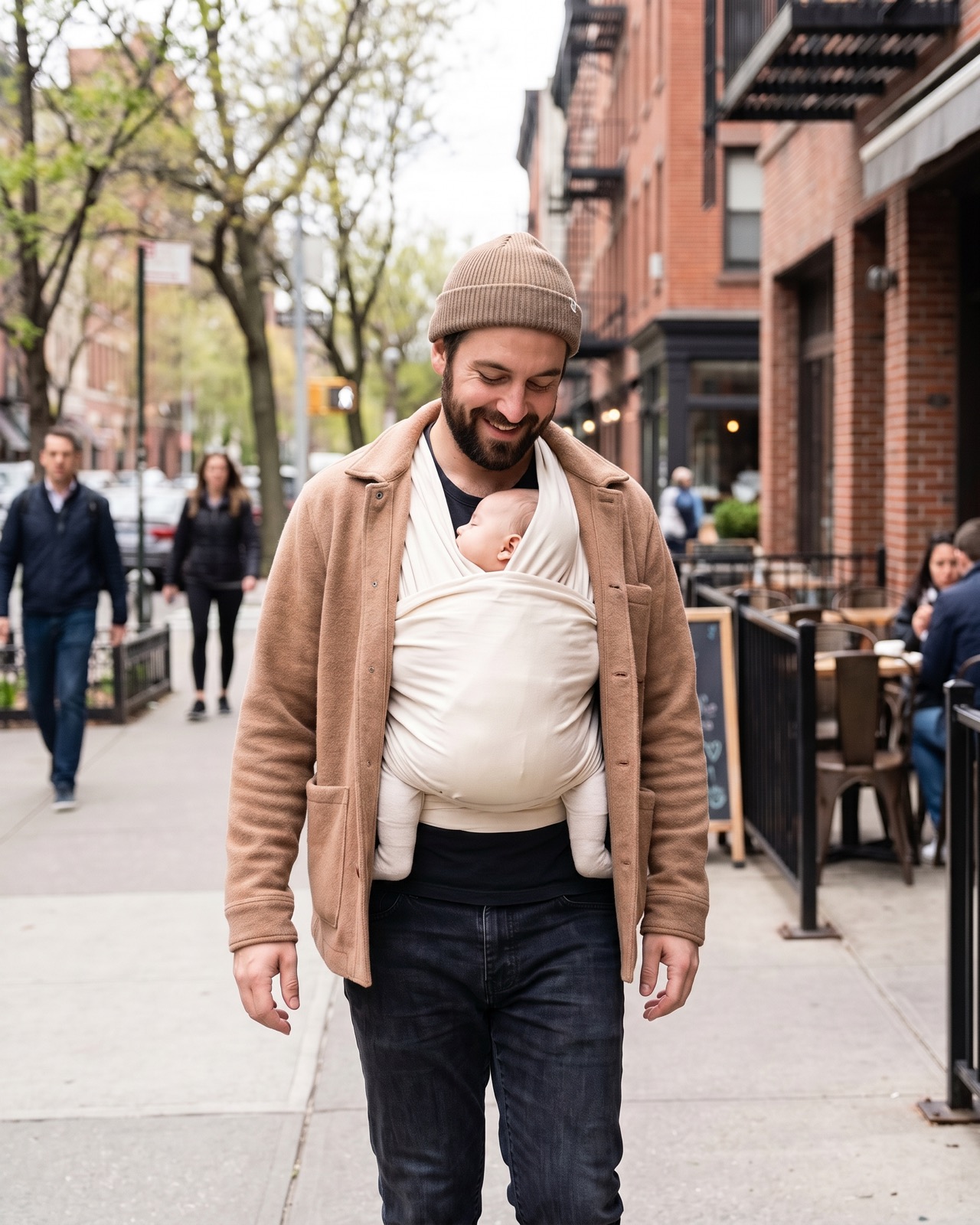 A single gay father wearing his baby in a carrier on a city walk