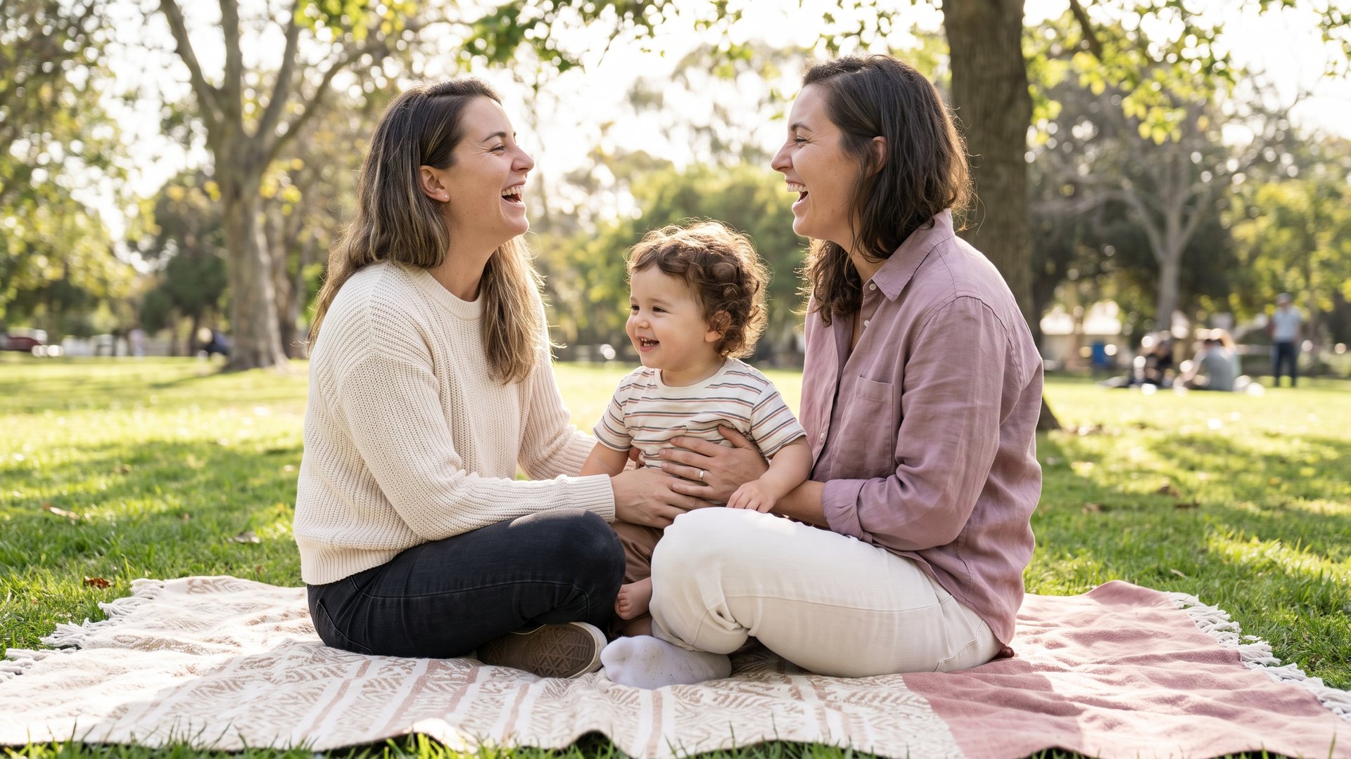 Two mothers laughing with their toddler between them on a park blanket