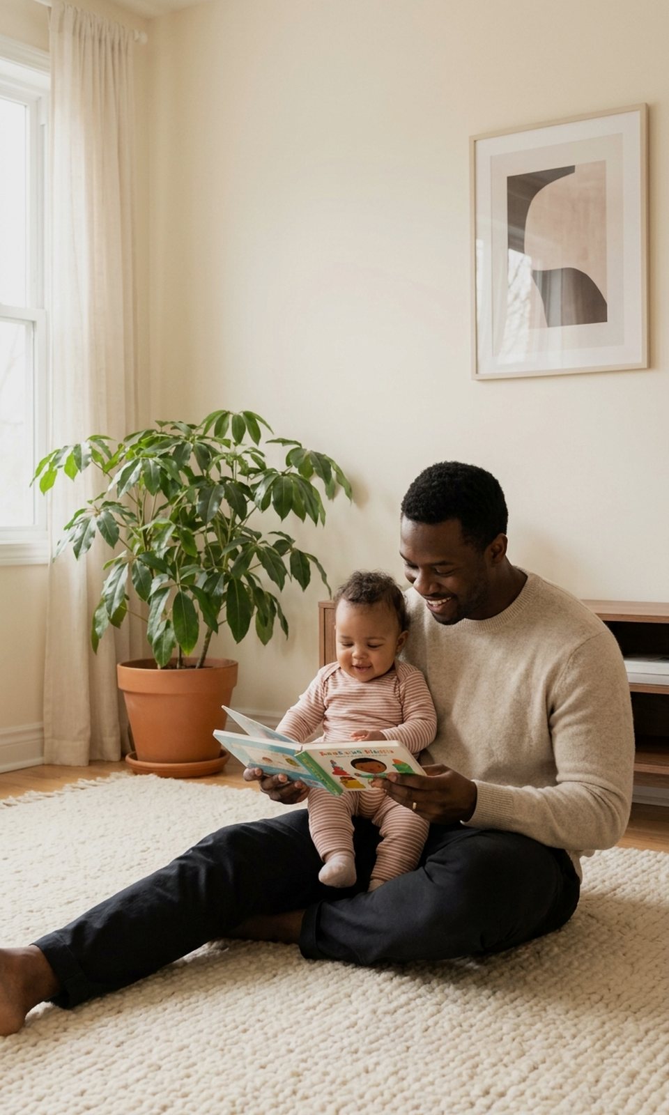 A single father reading a board book to his infant on the floor