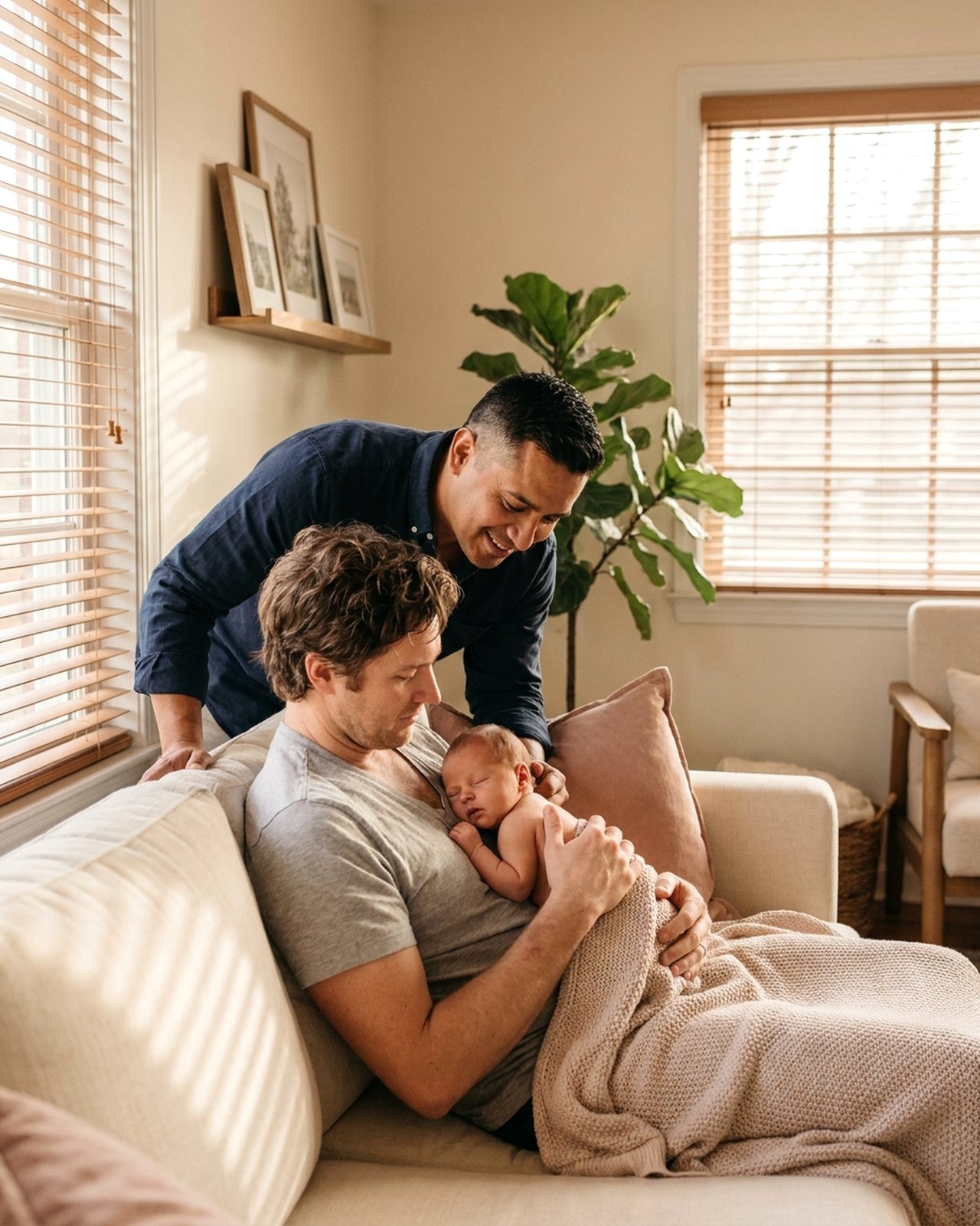 Two dads at home with their newborn asleep in one father's arms