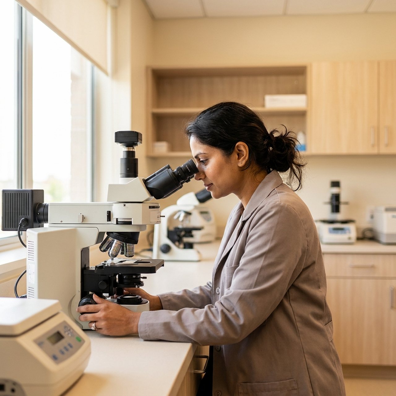 An embryologist at a microscope in a modern IVF lab