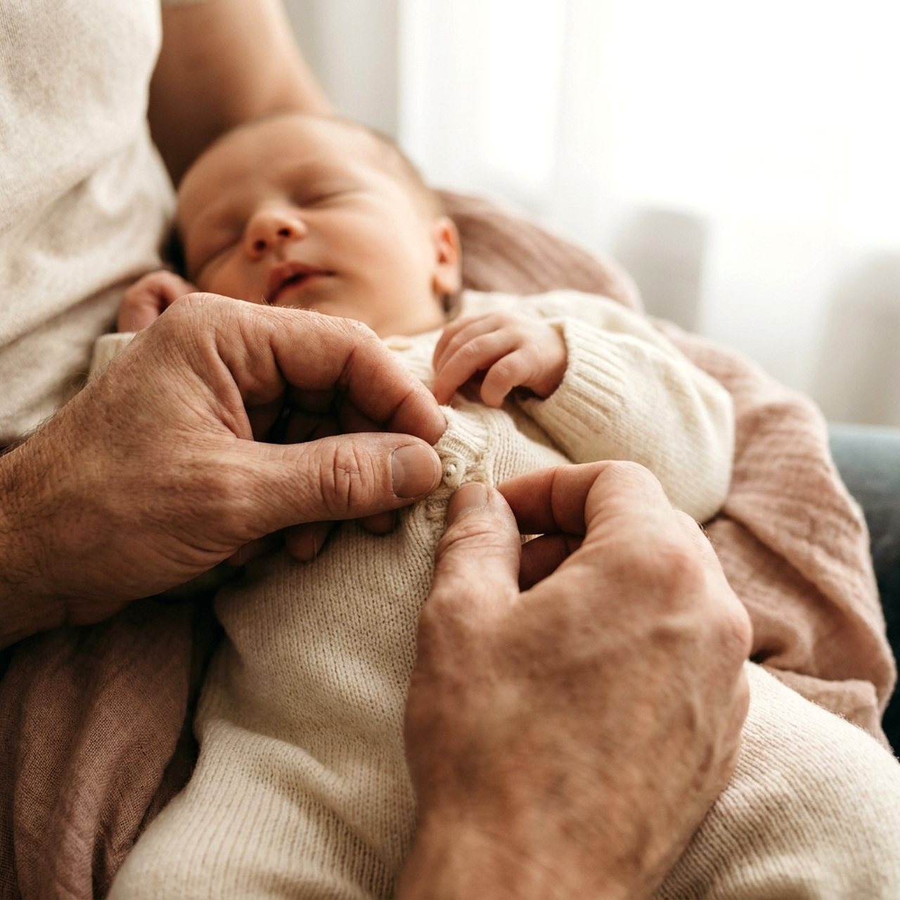 A father's hands buttoning a tiny onesie