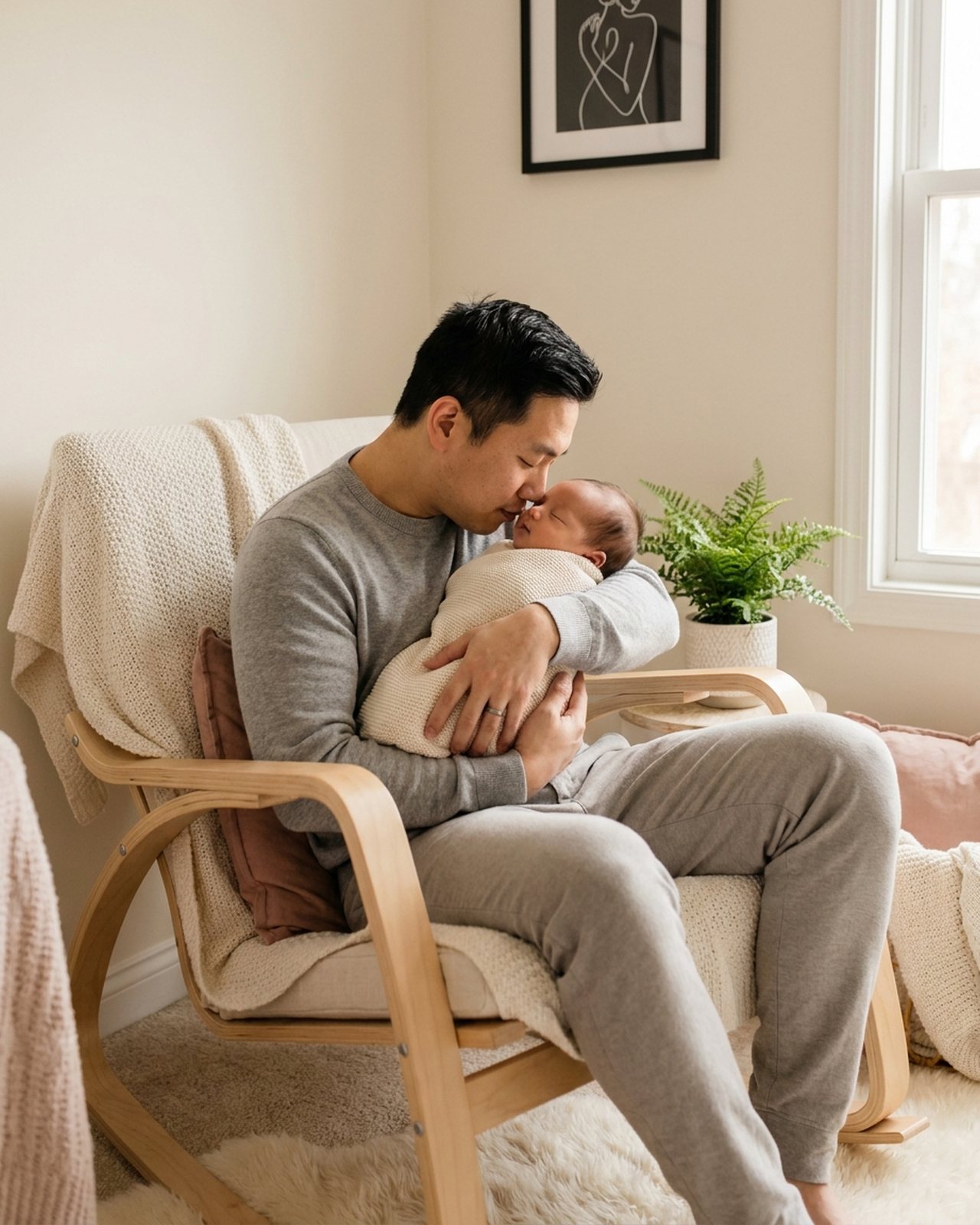 A single father holding his baby in a wooden rocking chair