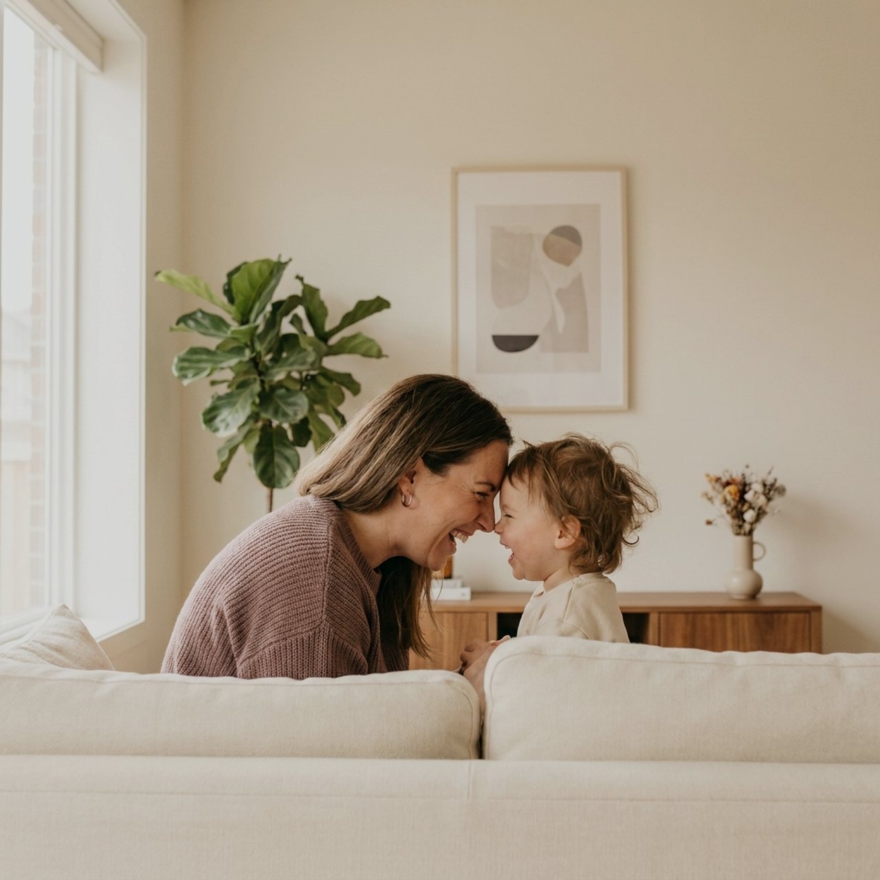 A single mother and her toddler pressing foreheads together, laughing