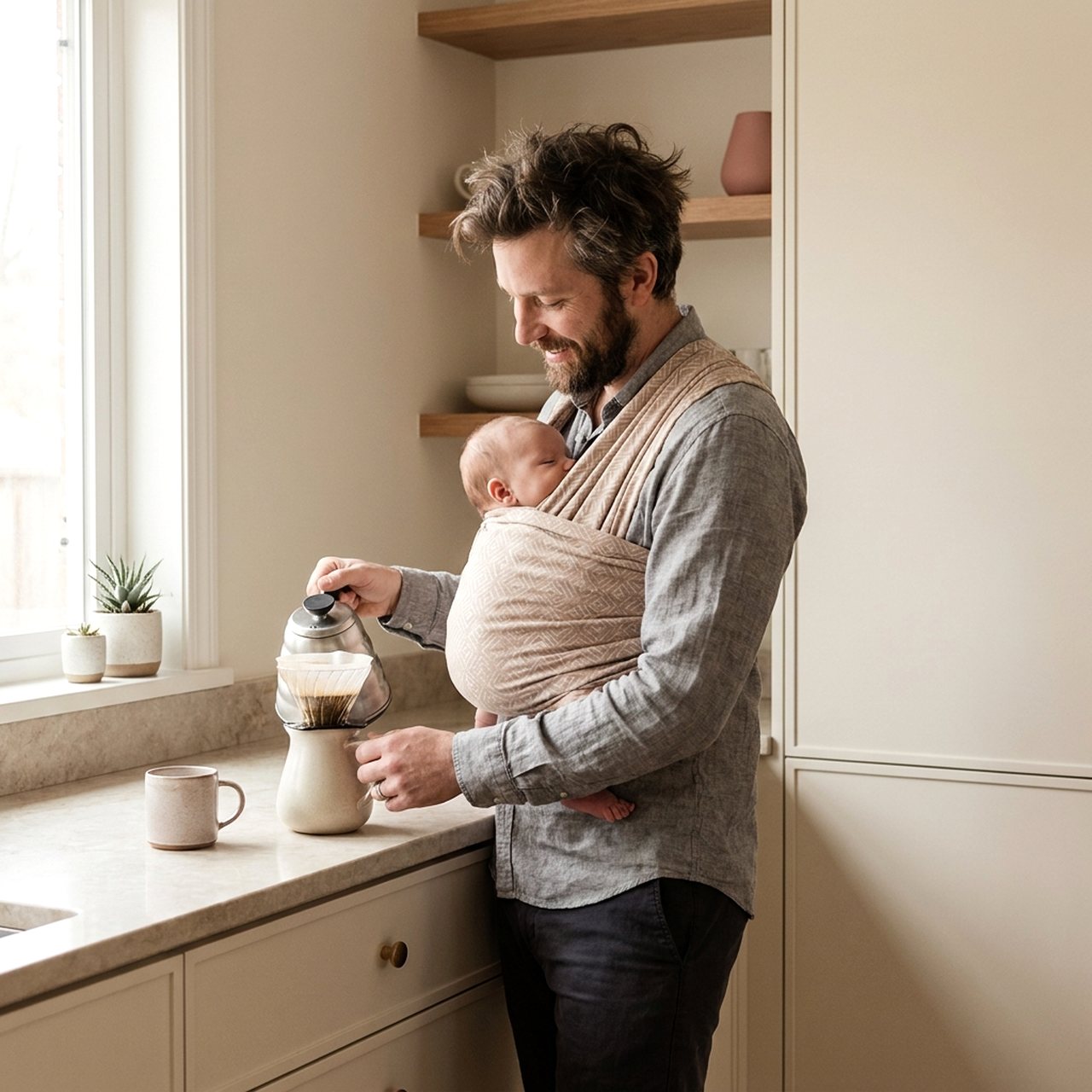 A father wearing his baby in a sling while making coffee