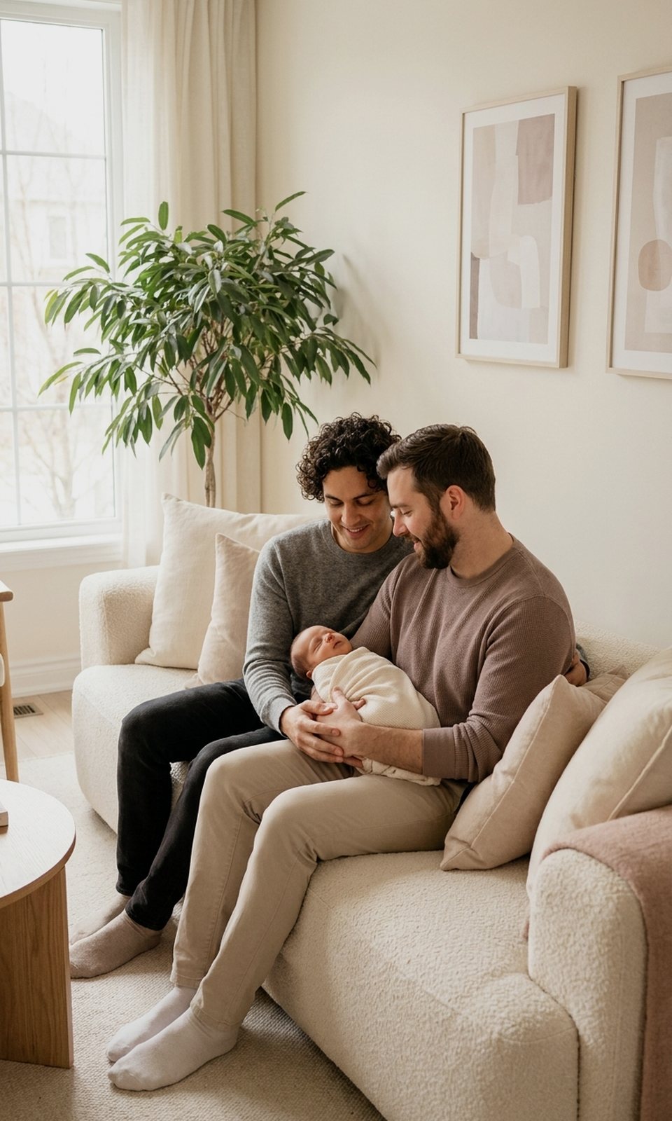 Two fathers holding hands on a sofa with their newborn between them