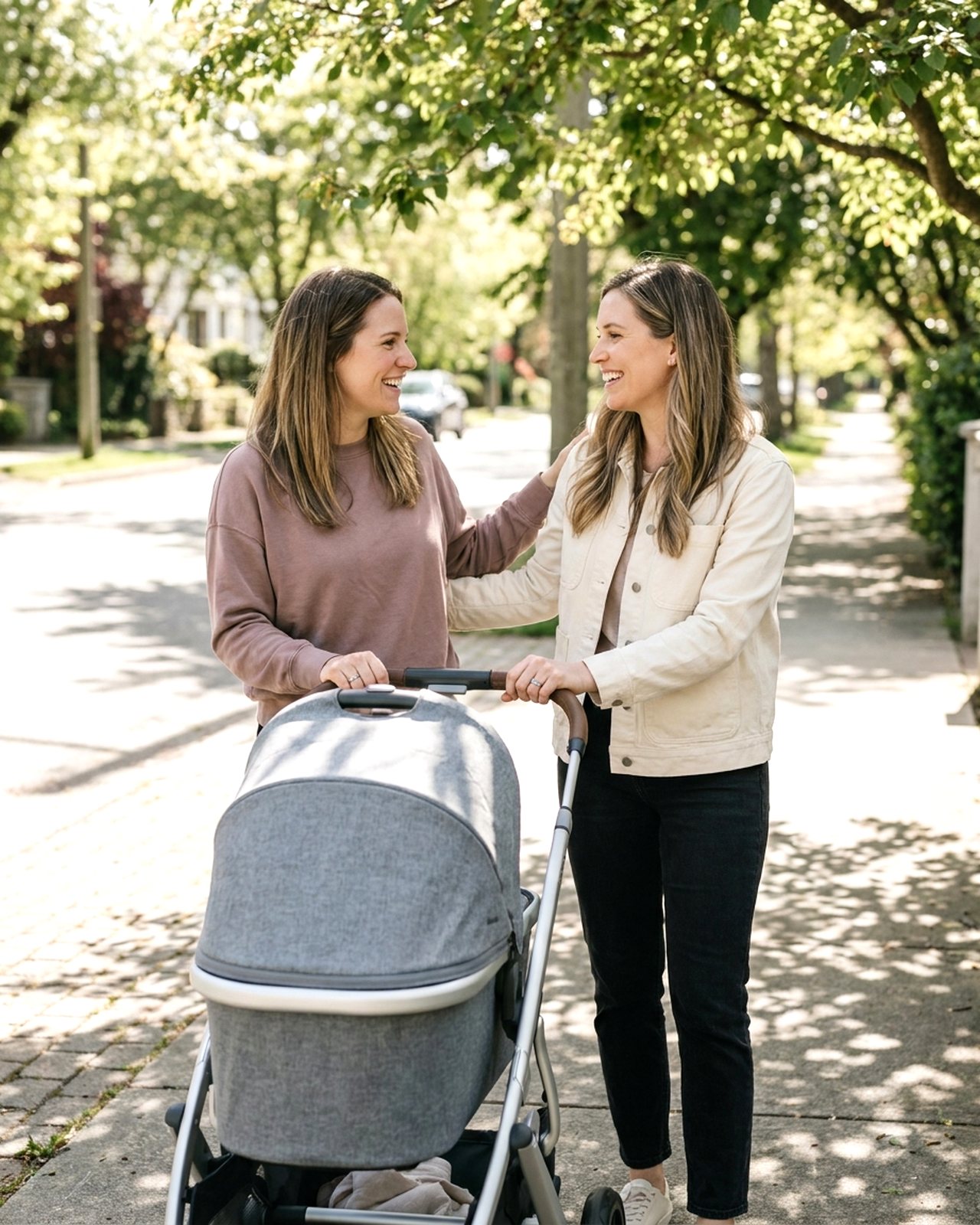 Two moms walking a stroller down a tree-lined sidewalk