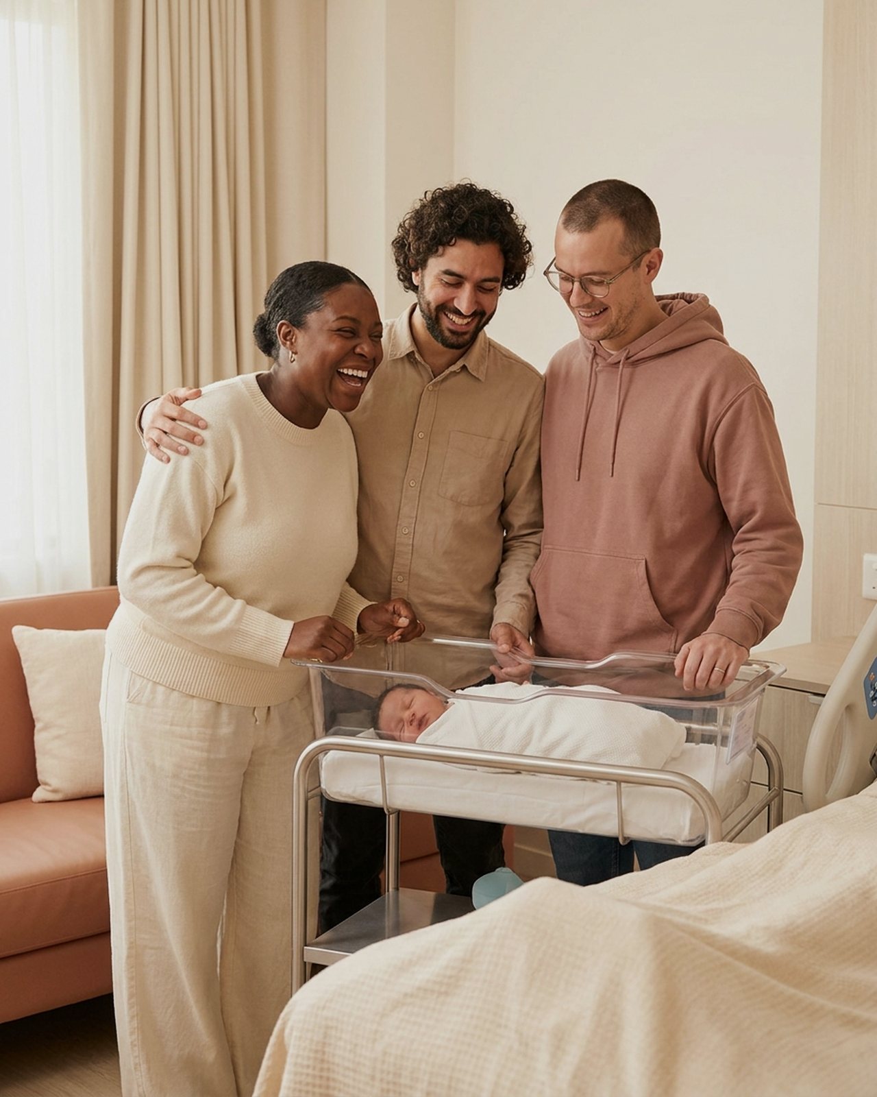 A surrogate laughing with the two dads she carried for, the baby nearby