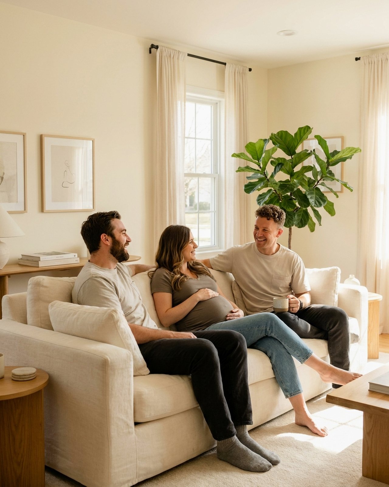 A gestational surrogate and the two dads she is carrying for, sitting together and laughing