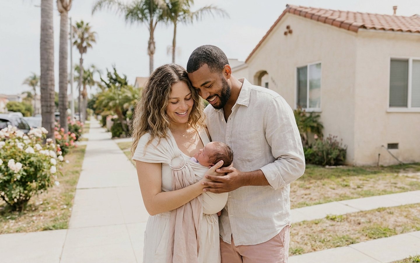 A family with their newborn outdoors in a sunny Southern California neighborhood