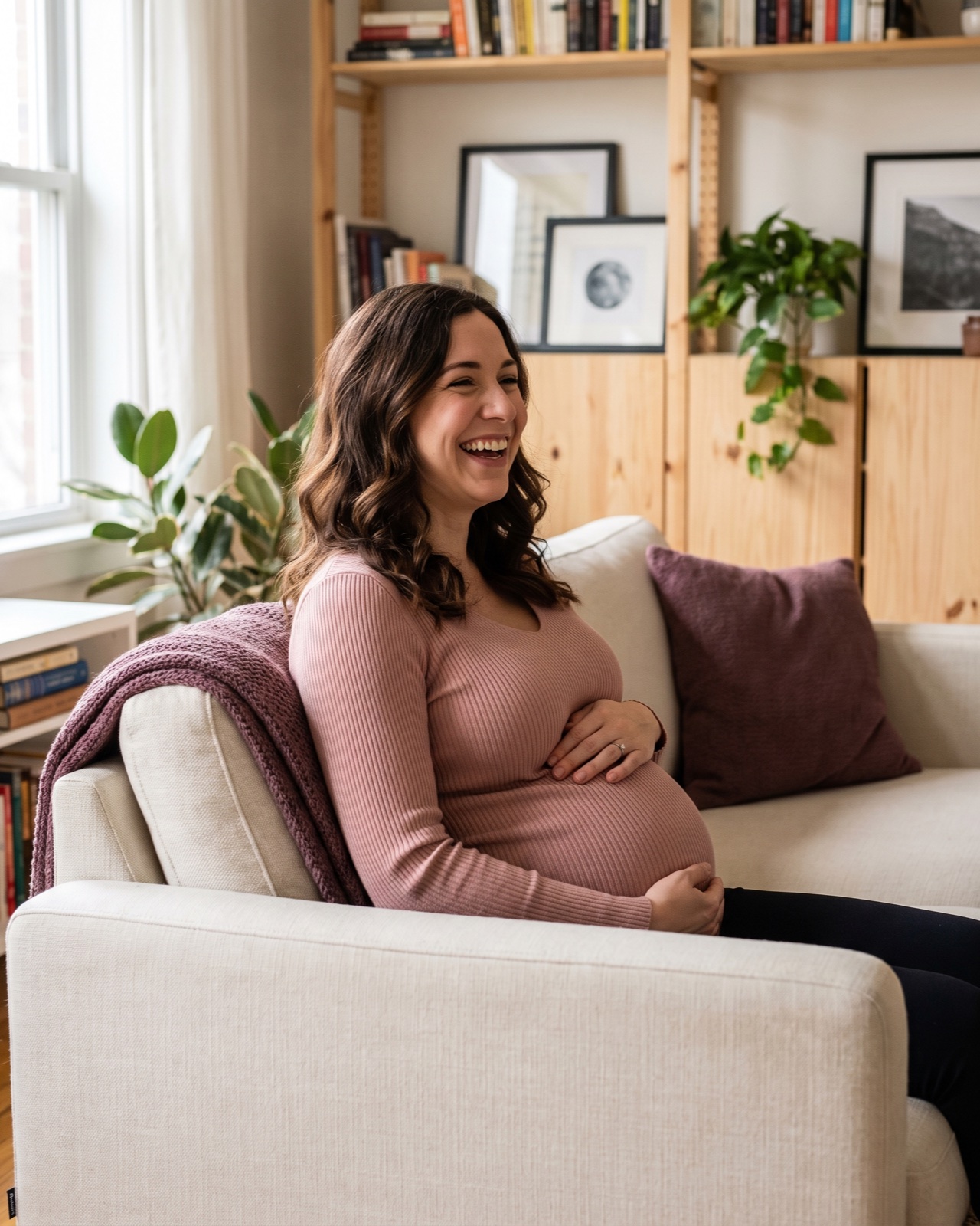 A confident pregnant surrogate resting a hand on her belly, laughing in warm afternoon light at home
